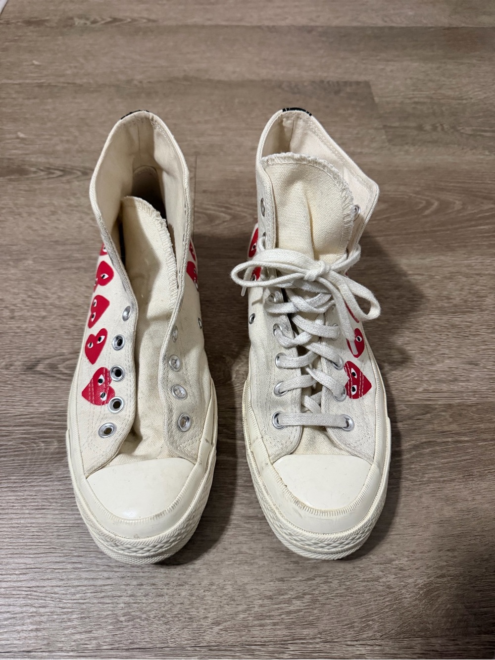 Cream High-Top Canvas Sneakers with Red Heart Accents